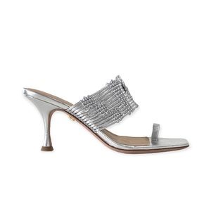 VERONICA BEARD Woven Crochet Leather Heeled Sandals, Silver, Size 6